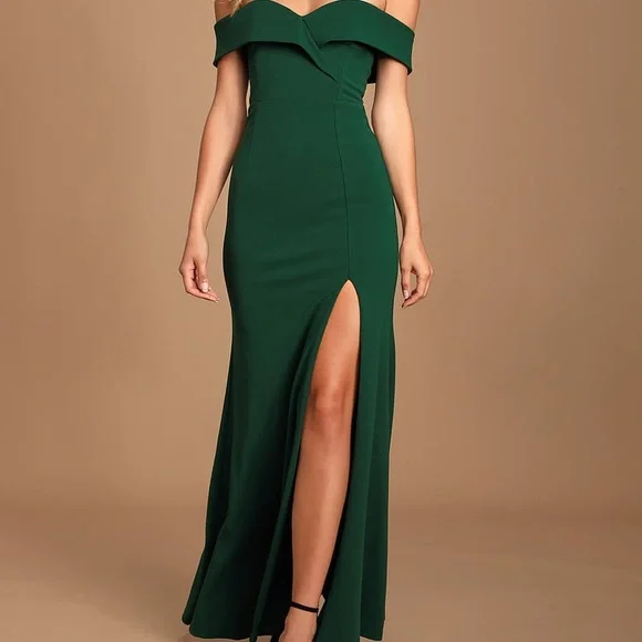 Green Off-The-Shoulder Maxi Dress | Womens | Medium | 100% Polyester | Lulus